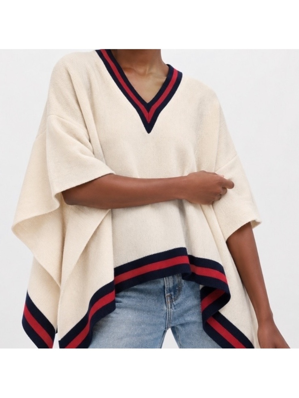 Tuckernuck Camden Soft Knit Poncho V-Neck Sweater Ivory Striped Women’s ONE SIZE